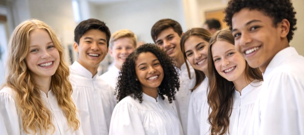 En gruppe ungdommer i hvite kapper står smilende og klare til konfirmasjon. De ser glade og forventningsfulle ut, med en lys og moderne bakgrunn som fremhever høytidsstemningen. Foto.
